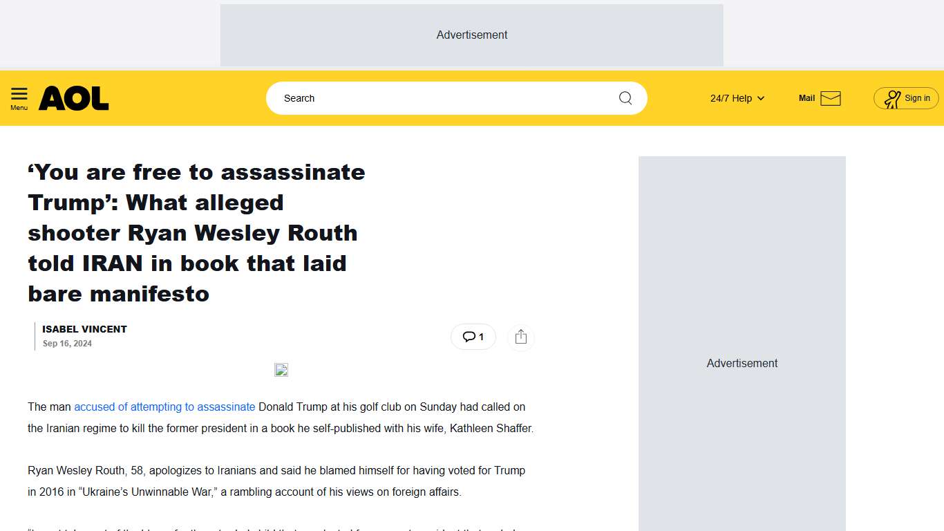 ‘You are free to assassinate Trump’: What alleged shooter Ryan Wesley Routh told IRAN in book that laid bare manifesto - AOL
